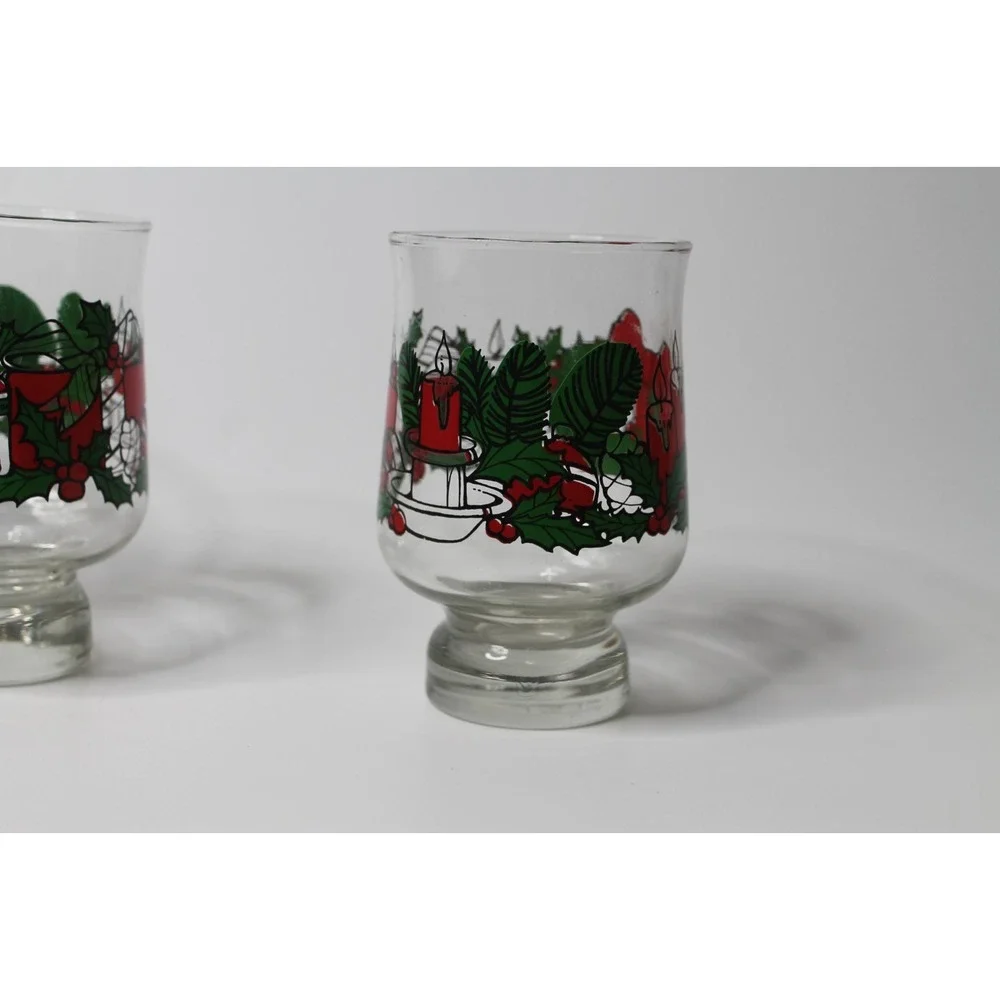Vintage Libbey Christmas Glasses Heavy Footed Holiday Wreath Candles Set of 4